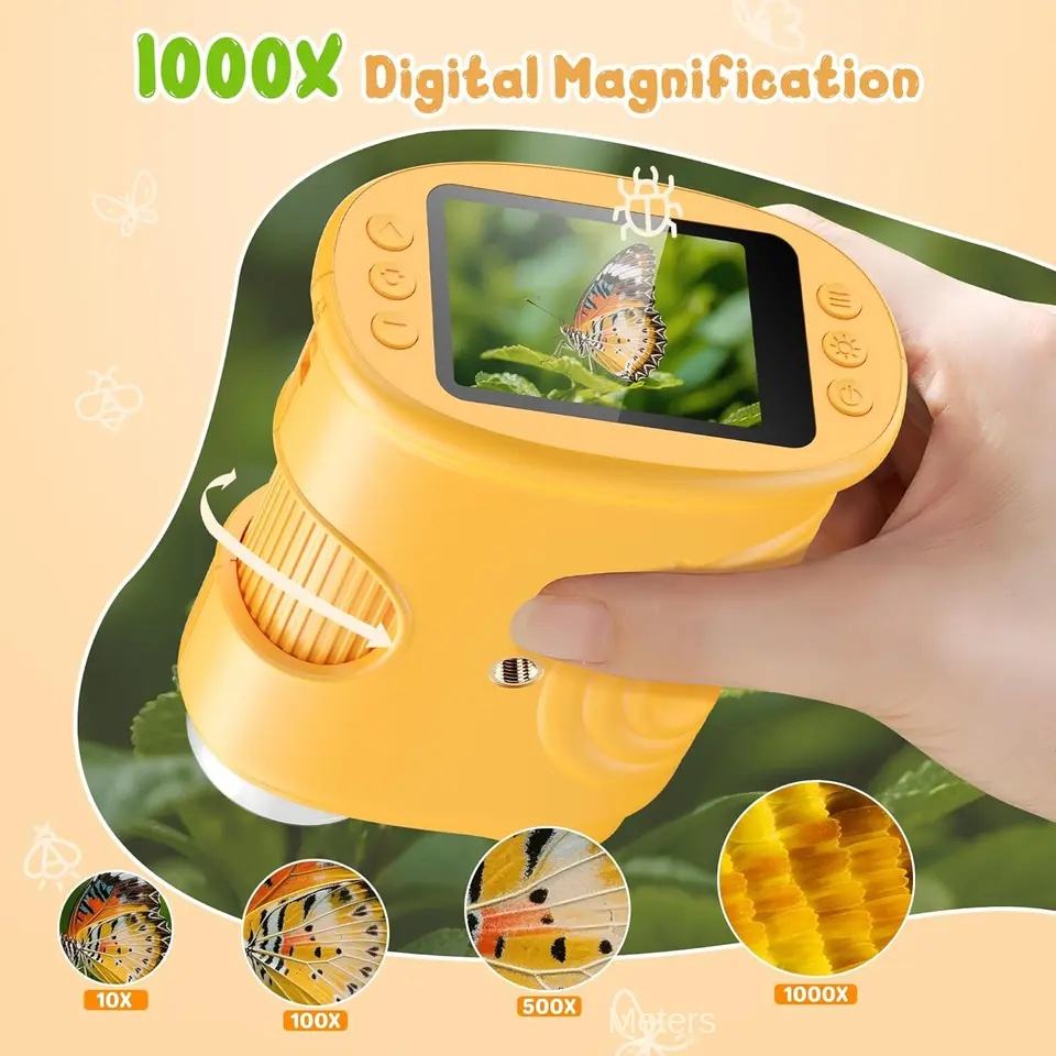 Children's Portable Digital Microscope 1000X with 2-inch Screen, LED Light, Rechargeable Educational Science Toy